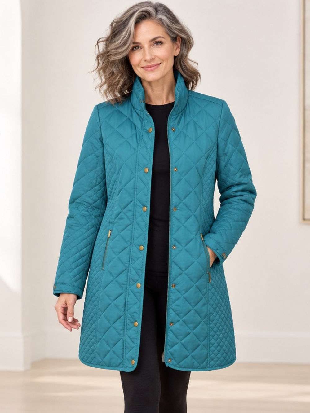Appleseed’s Petites PS Teal Quilted Longline Barn Jacket Coat